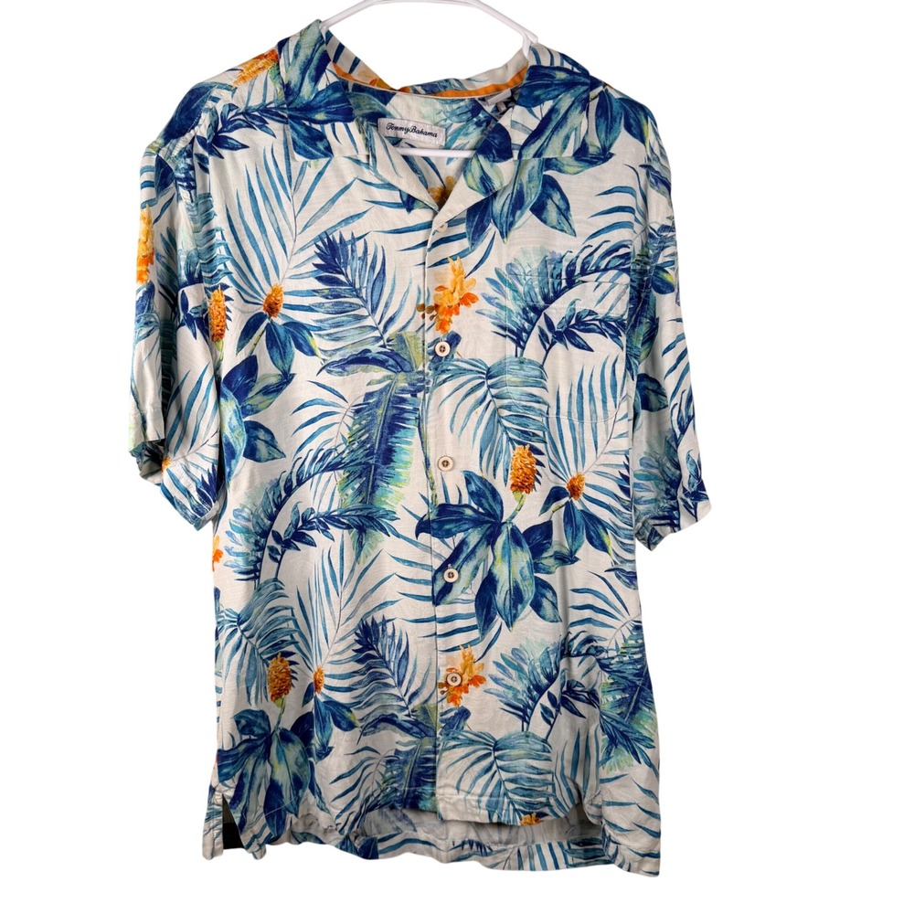 Tommy Bahama Mens camp Tropical Hawaiian 100% Silk Button Front Shirt L vacation